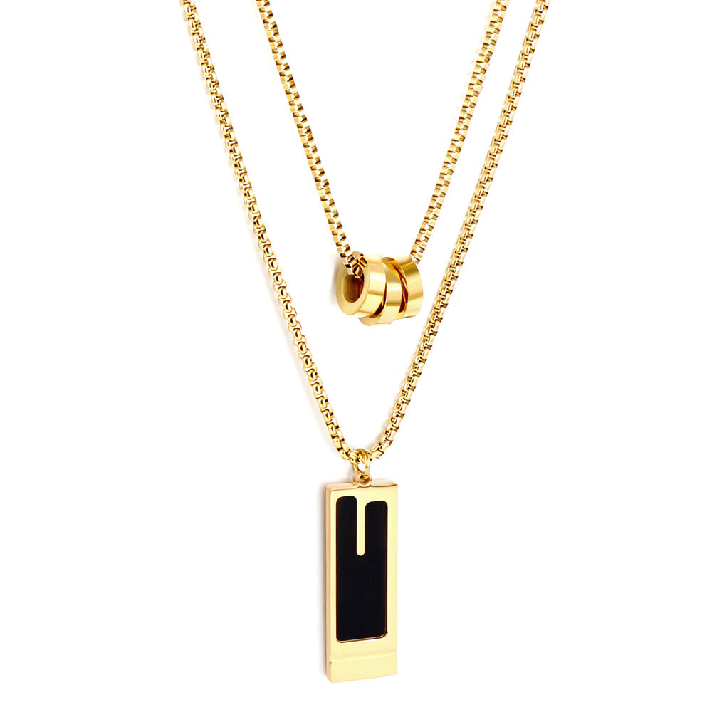 Three Round Hollow Pendants + Rectangular With Black Drop Oil Double Chain Necklace asonjewelry